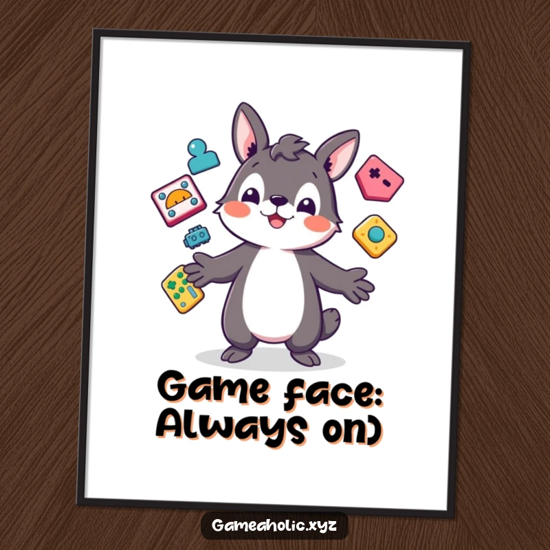 Funny Free Printable Wall Art: A lively animal character joyfully juggles colorful, abstract icons representing various video games.