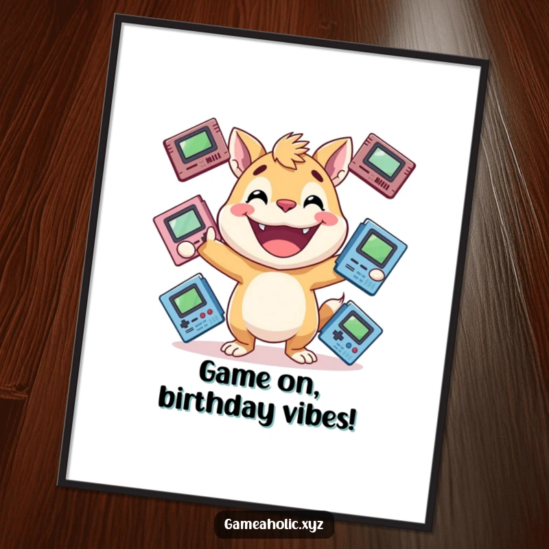 Funny Free Printable Wall Art: Energetic animal with a huge grin juggles multiple game cartridges, bringing playful gaming vibes to any room.