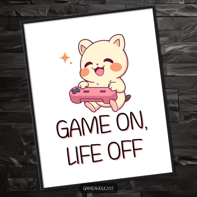 Funny Free Printable Wall Art: A small creature enthusiastically mashing controller buttons with pure joy, celebrating gaming.