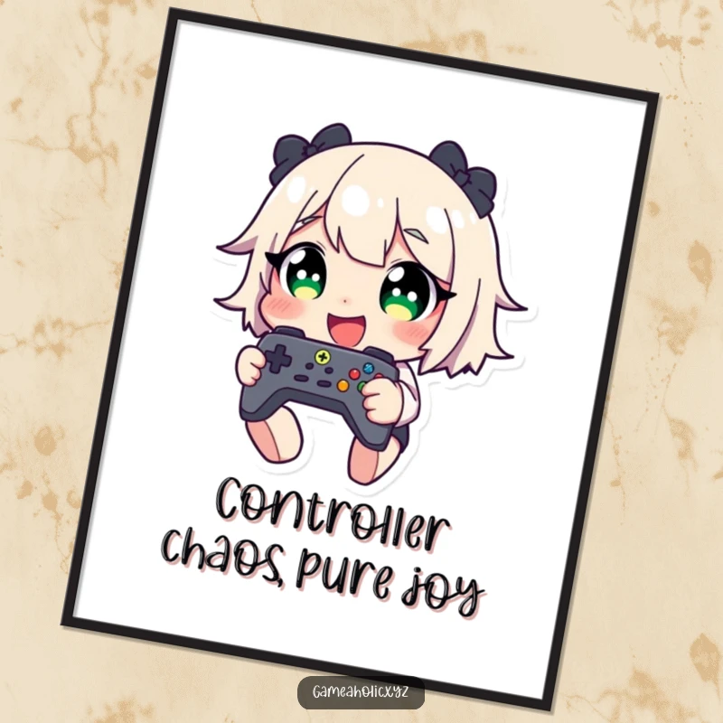 Funny Free Printable Wall Art: A character with wide, gleeful eyes giggling uncontrollably while gripped around a game controller.