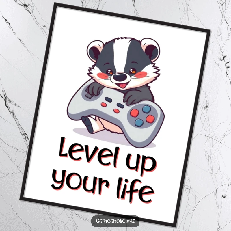 Funny Free Printable Wall Art of a cute badger going wild on an oversized video game controller, pure gaming joy.