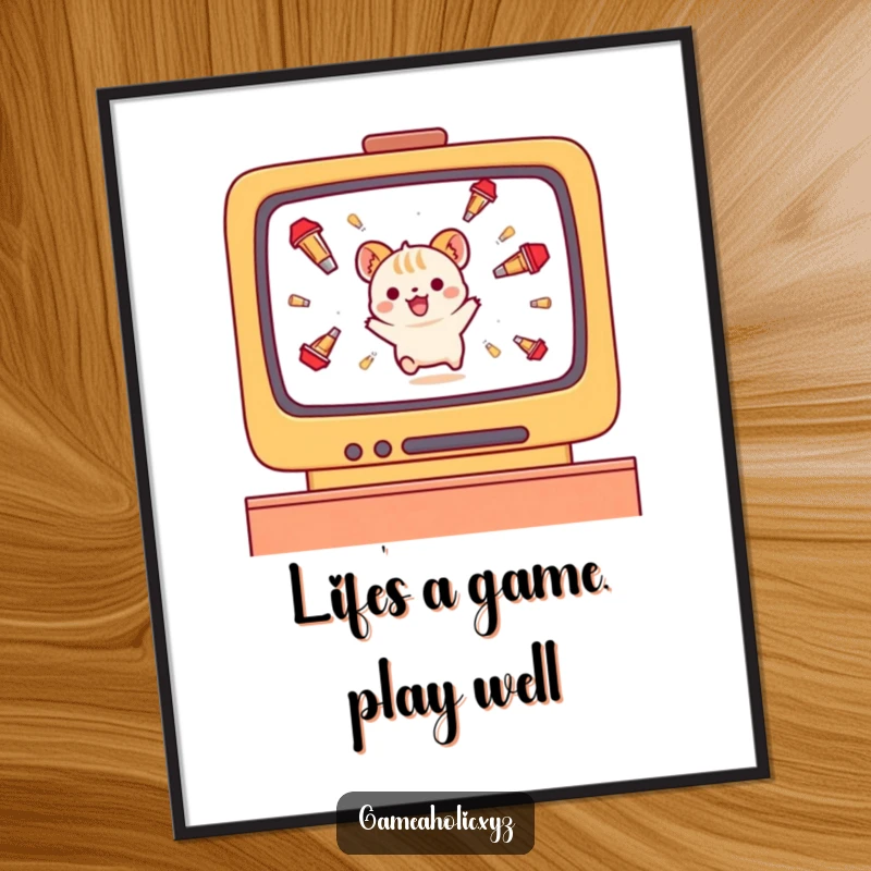 Funny Free Printable Wall Art: A small animal character in mid-leap, gleefully dodging falling game projectiles.