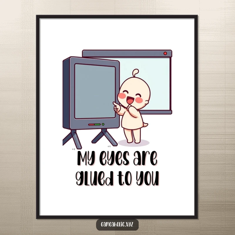 Funny Free Printable Wall Art: Character with rosy cheeks pointing enthusiastically at a giant illuminated screen, radiating excitement.