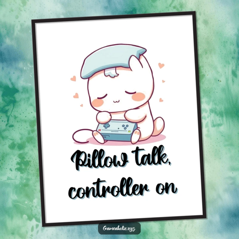 Funny Free Printable Wall Art: Sleepy creature with a pillow for a head intensely playing a video game, depicting ultimate gaming comfort.