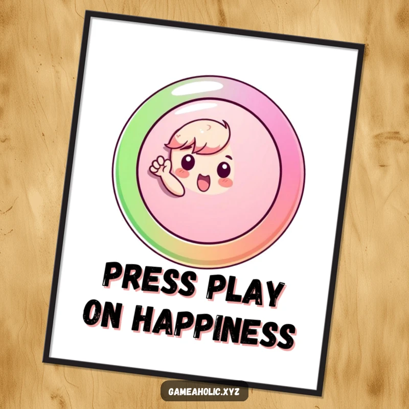 Funny Free Printable Wall Art: A small, determined character enthusiastically pressing a gigantic, vividly colored button.