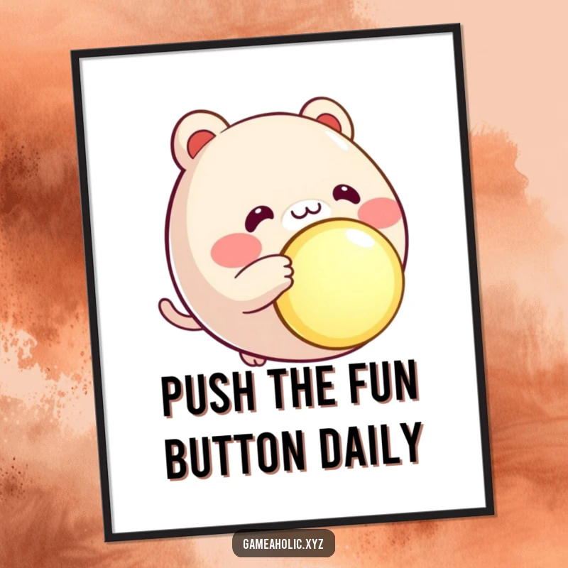 Funny Free Printable Wall Art: A round, rosy-cheeked animal character eagerly pressing a huge, glowing button.