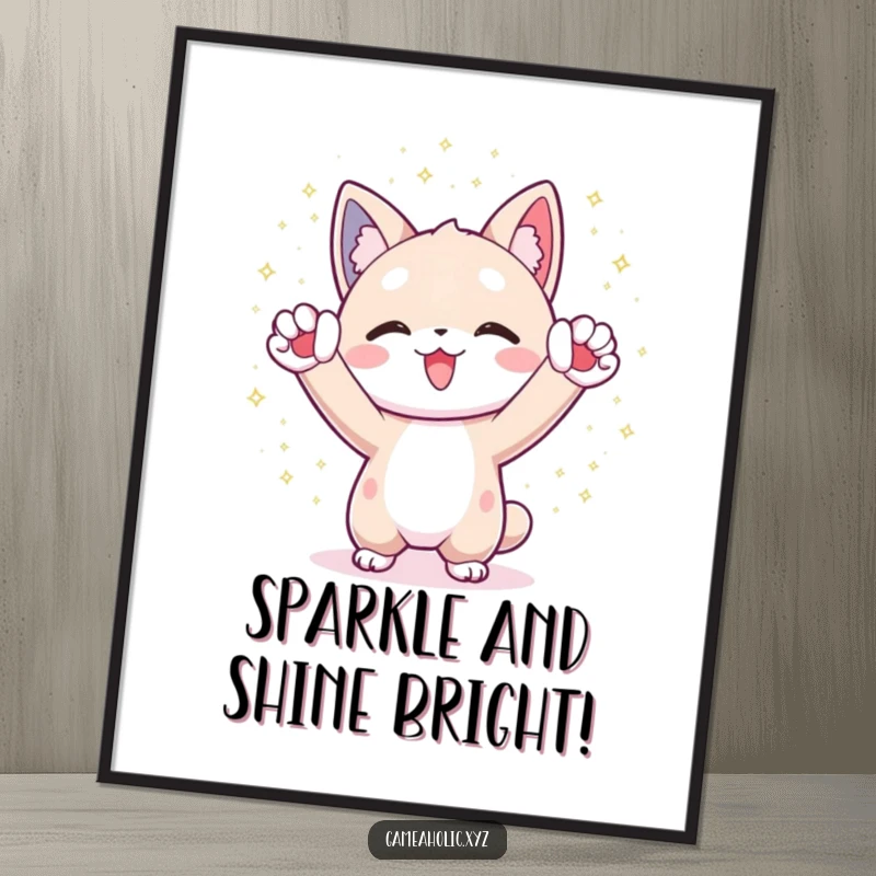Funny free printable wall art of a character cheering with paws raised, surrounded by shimmering digital particles, creating a festive atmosphere.