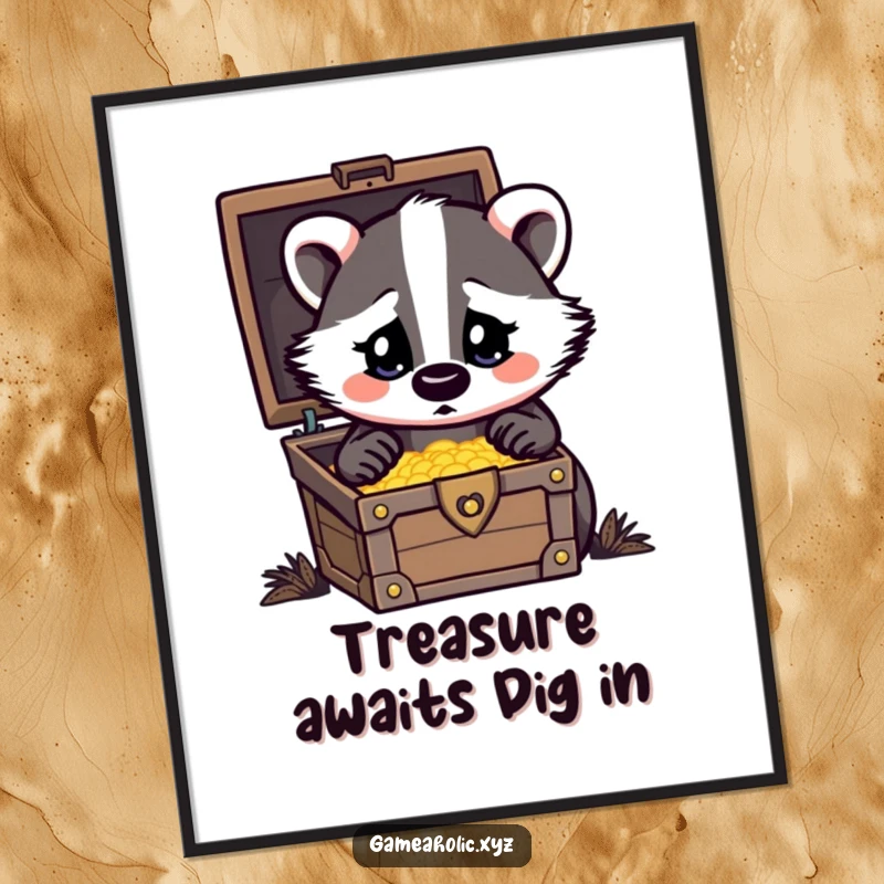 Funny Free Printable wall art of a surprised badger with big heart eyes, gazing lovingly at a discovered treasure chest overflowing with riches.