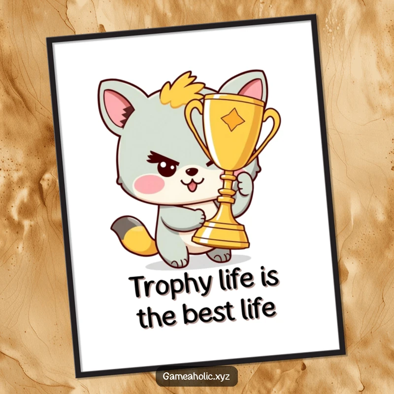 Funny Free Printable Wall Art: Mischievous animal character winks holding a shiny trophy, adding humor to any room.