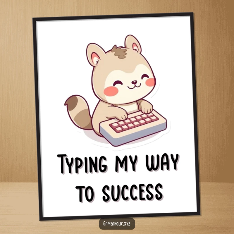 Funny Free Printable Wall Art: Cute animal character with a huge grin rapidly tapping on a miniature keyboard, symbolizing hustle and humor.