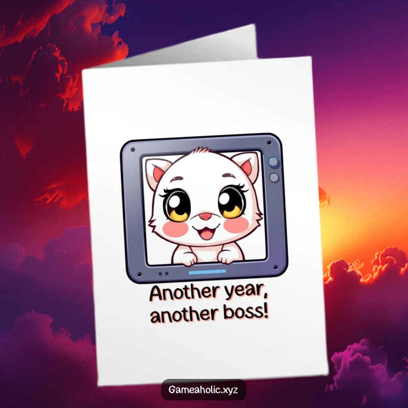 Funny Free Printable Birthday Card: A creature with massive happy eyes stares intently at a screen, engrossed in a game.