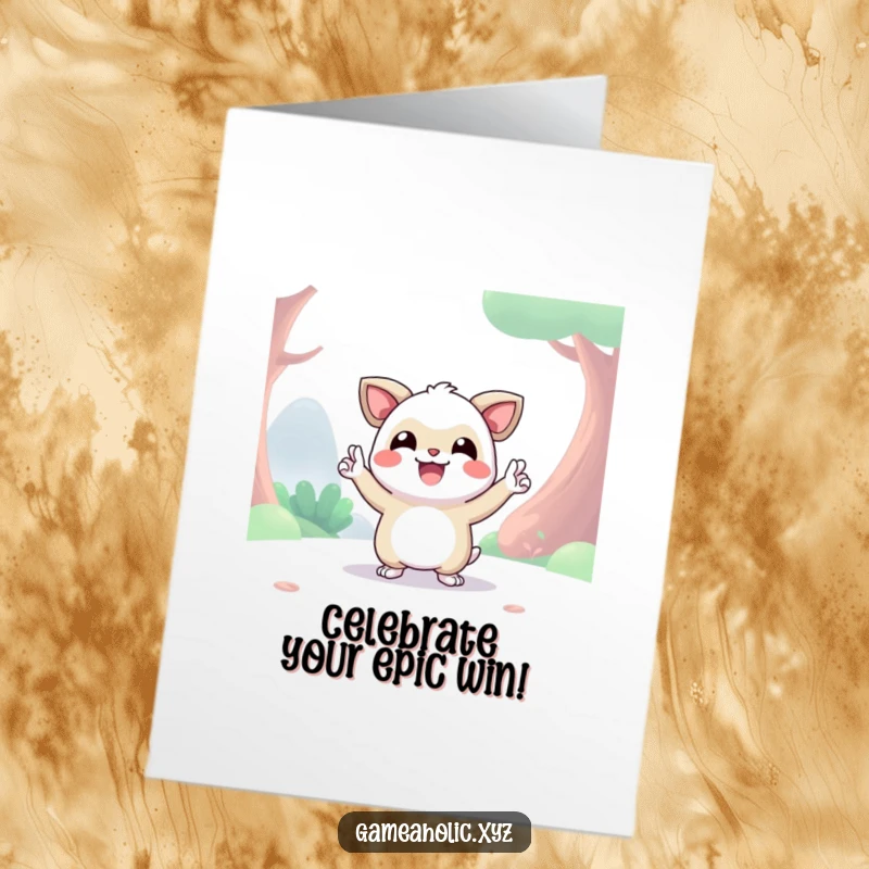 Funny Free Printable Birthday Card featuring a happy digital creature striking a dynamic victory pose amidst a vibrant, celebratory scene.