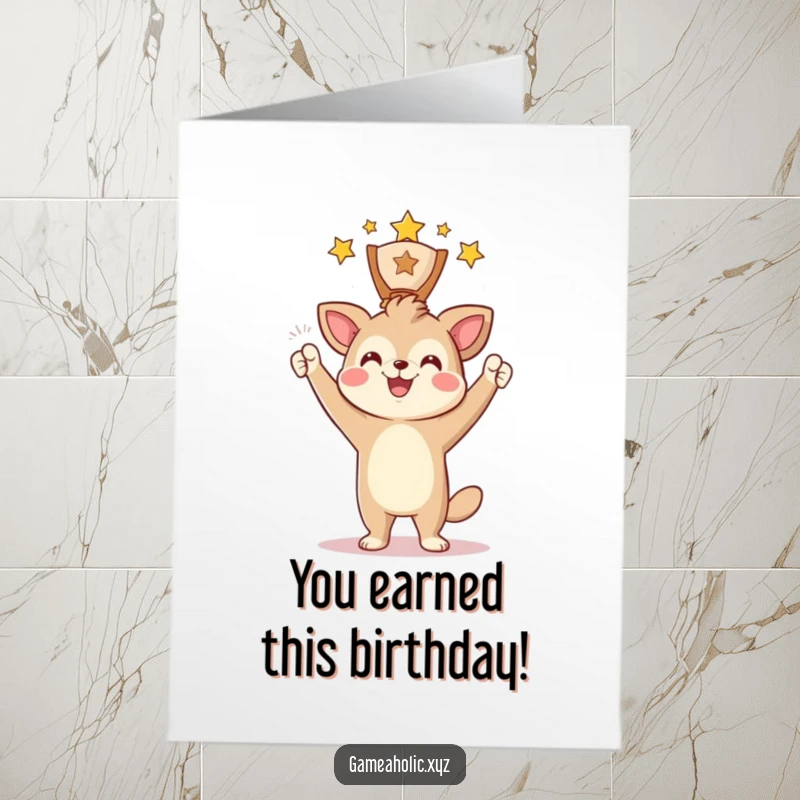Funny Free Printable Birthday Card: Animal character smiling proudly while holding up a shining digital award.