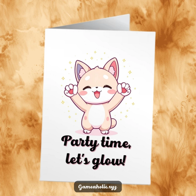 Funny free printable birthday card featuring a character cheering with paws raised amidst shimmering digital particles, celebrating with pure delight.