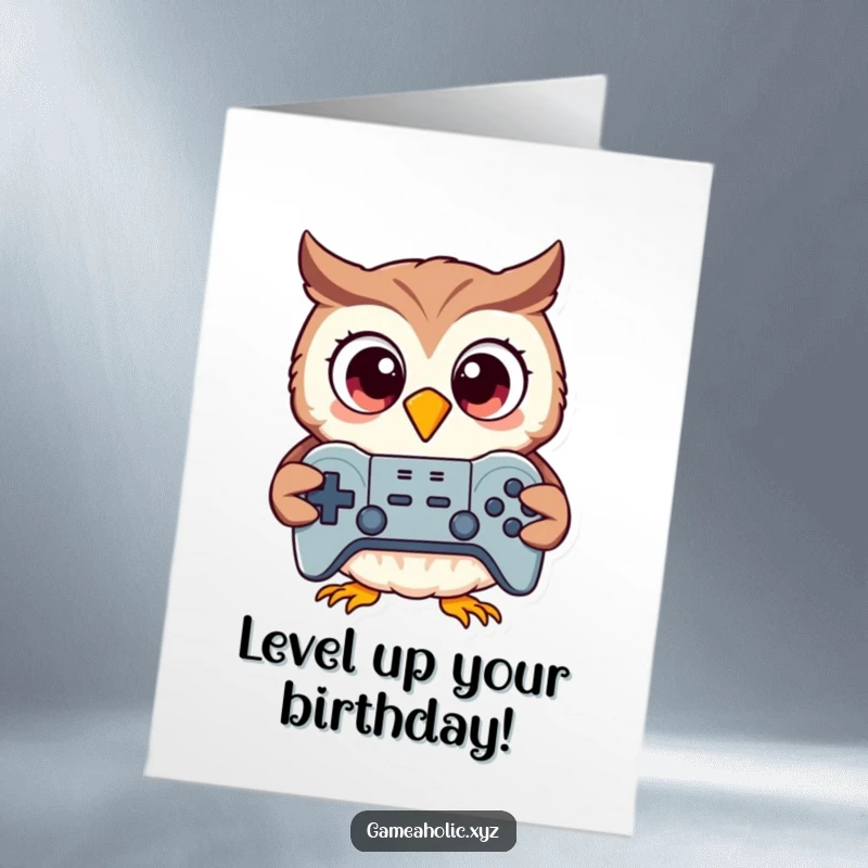 Funny Free Printable Birthday Card featuring a wide-eyed cartoon owl intensely gripping a game controller, ready to celebrate with pure excitement.