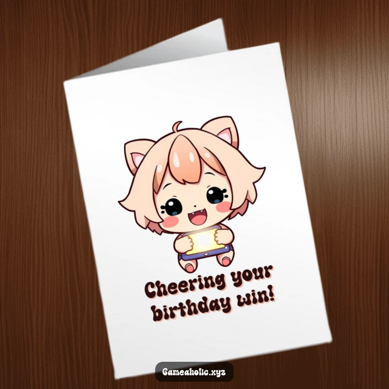 Funny Free Printable Birthday Card: A happy character intensely focused on a glowing screen, cheering with excitement for a birthday.