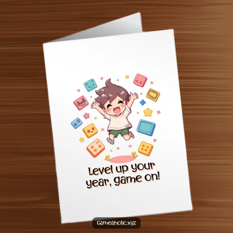 Funny Free Printable Birthday Card: Gamer character jumping ecstatically amidst floating game icons, ready for a digital celebration.