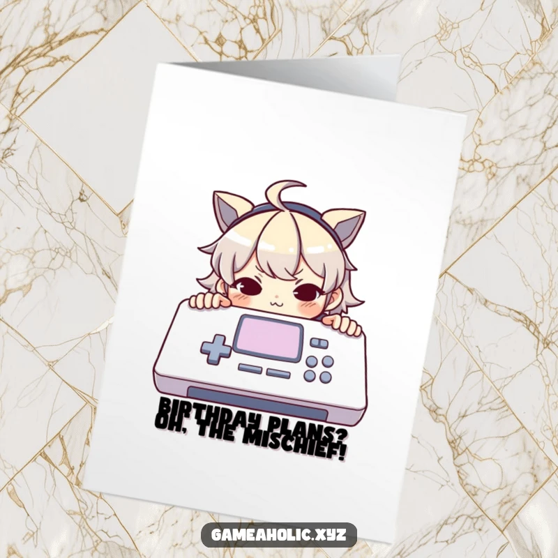 Funny Free Printable Birthday Card: Character peeking over console with mischievous smirk, plotting fun.