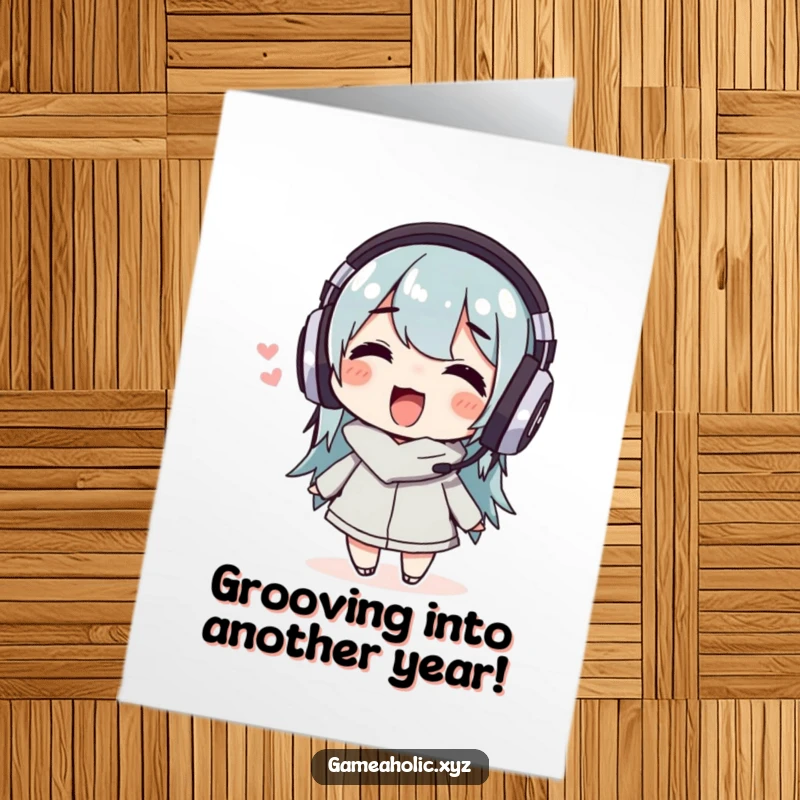 Funny Free Printable Birthday Card: Character in headphones wiggling joyfully, lost in the music, celebrating a birthday.