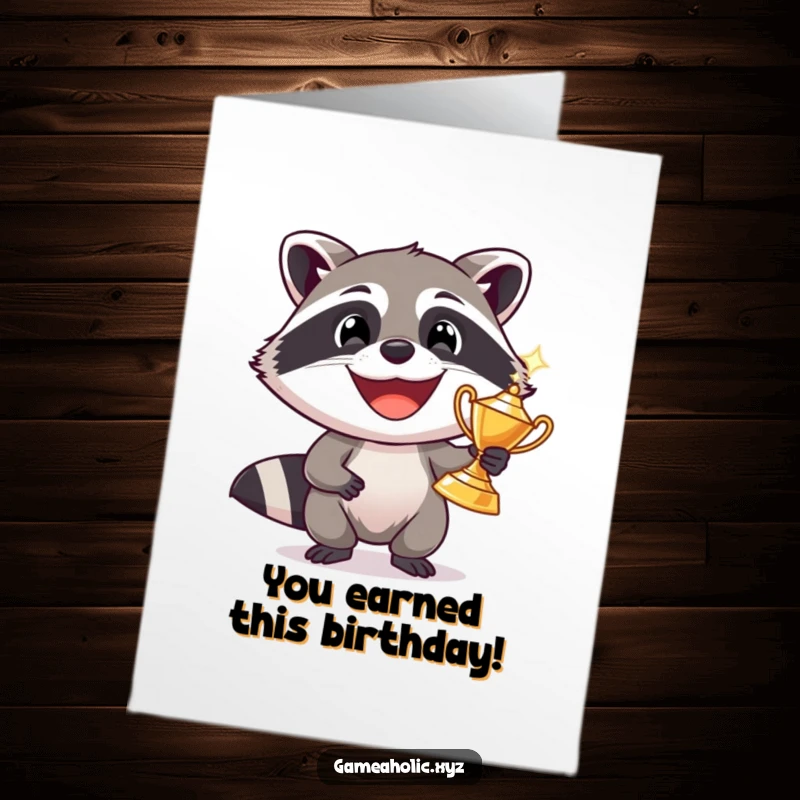 Funny Free Printable Birthday Card featuring a grinning raccoon proudly holding a sparkling trophy, celebrating a birthday win with mischief.