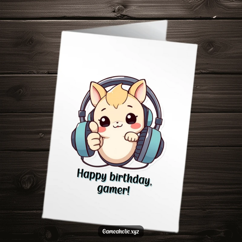 Funny Free Printable Birthday Card: Creature peeking over a large headset, giving a confident thumbs up gesture.
