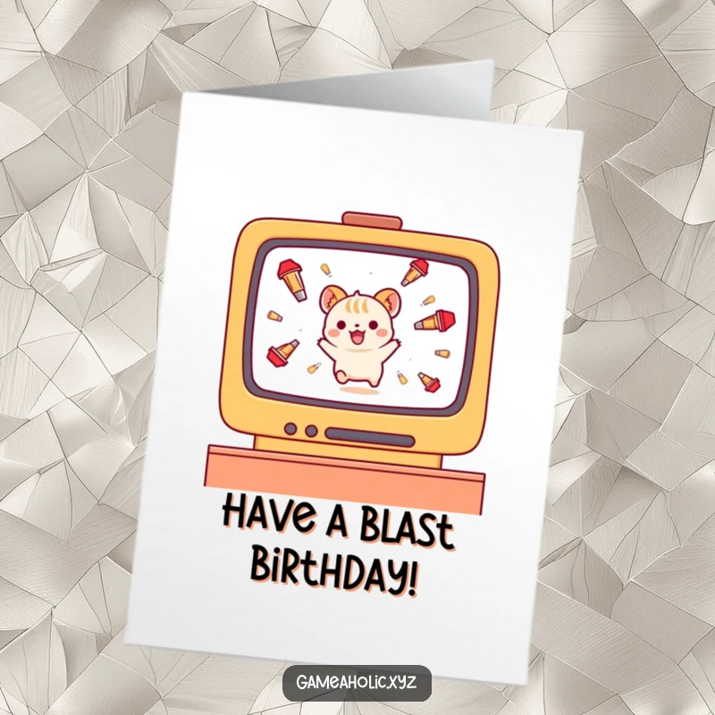 Funny Free Printable Birthday Card: A small animal character joyfully dodging game projectiles on a screen.