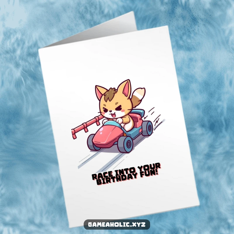 Funny Free Printable Birthday Card: a determined animal character speeds in a tiny vehicle on a pixelated track, ready to win this birthday race.