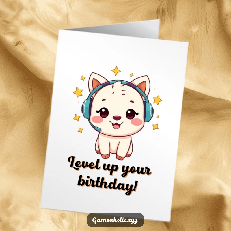 Funny Free Printable Birthday Card: Cheerful animal gamer with stars swirling around headset, celebrating joyfully.