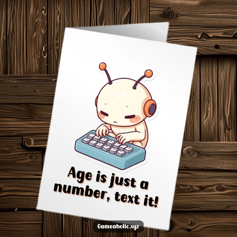 Funny Free Printable Birthday Card: Small creature with antennae typing furiously on a tiny keyboard, celebrating with speed.