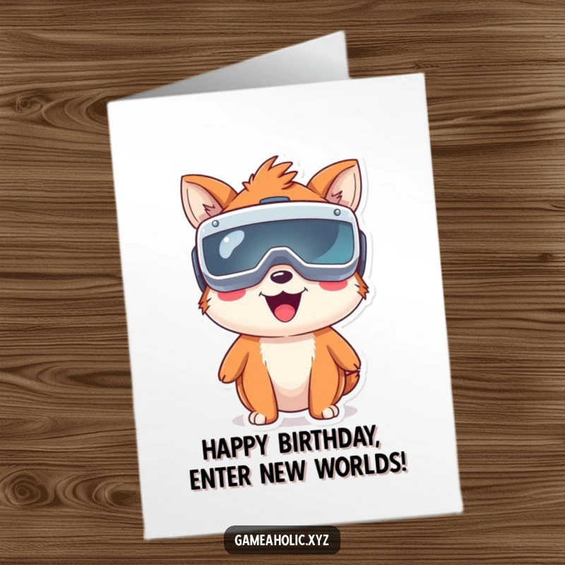 Funny Free Printable Birthday Card: a happy animal character immersed in VR with oversized goggles, celebrating a birthday in digital bliss.