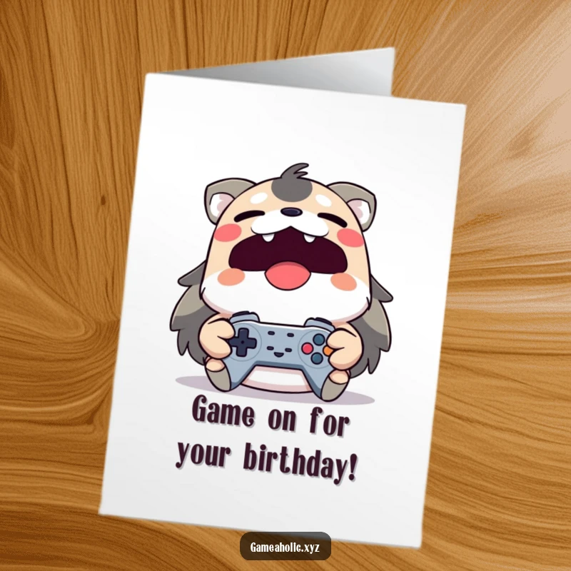 Free printable birthday card of a yawning yet smiling animal character clutching a game controller tightly, ready to play.