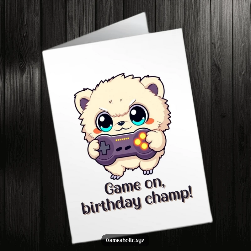 Funny Free Printable Birthday Card: Fuzzy creature excitedly button mashing a glowing game controller, ready for birthday fun.