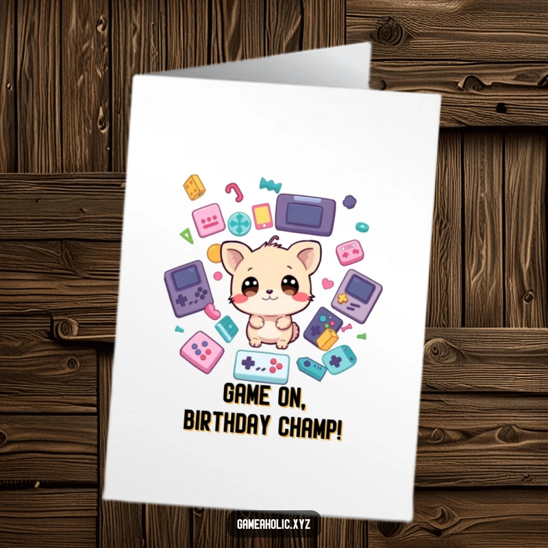 Funny Free Printable Birthday Card: Wide-eyed animal overwhelmed by falling game icons, a gamer's hilarious surprise.