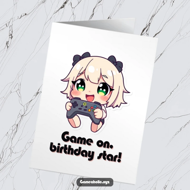 Funny Free Printable Birthday Card: Character with wide eyes, giggling uncontrollably while clutching a game controller.