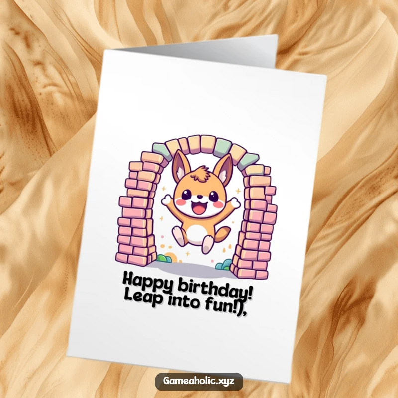 Funny Free Printable Birthday Card: An excited animal character energetically leaps through a vibrant portal constructed from colorful pixels.