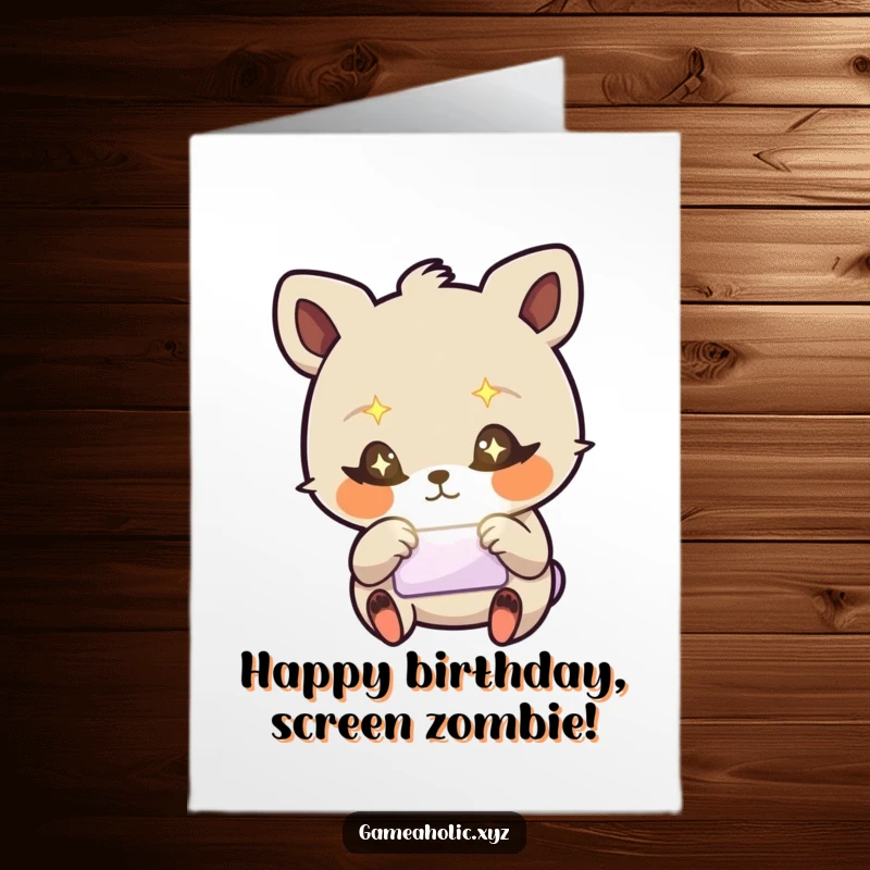 Funny Free Printable Birthday Card: Stylized animal with starry eyes frantically taps on a glowing screen, lost in digital bliss.