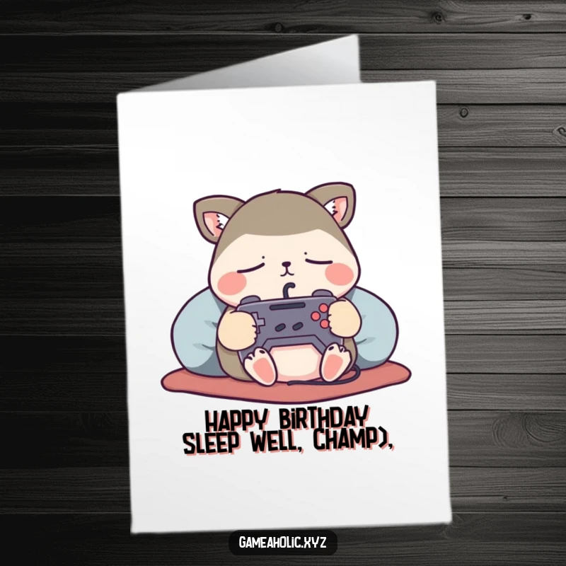 Funny Free Printable Birthday Card: A cute animal character sleeps peacefully, tightly holding a small game controller.
