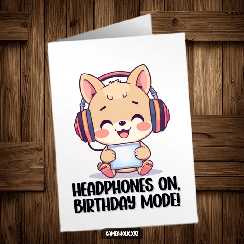 Funny Free Printable Birthday Card: Happy animal in headphones engrossed in a glowing screen, celebrating their day.
