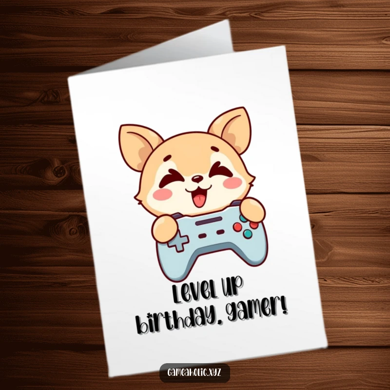 Funny Free Printable Birthday Card: A cute animal with crossed eyes intensely grips a game controller, ready to play.