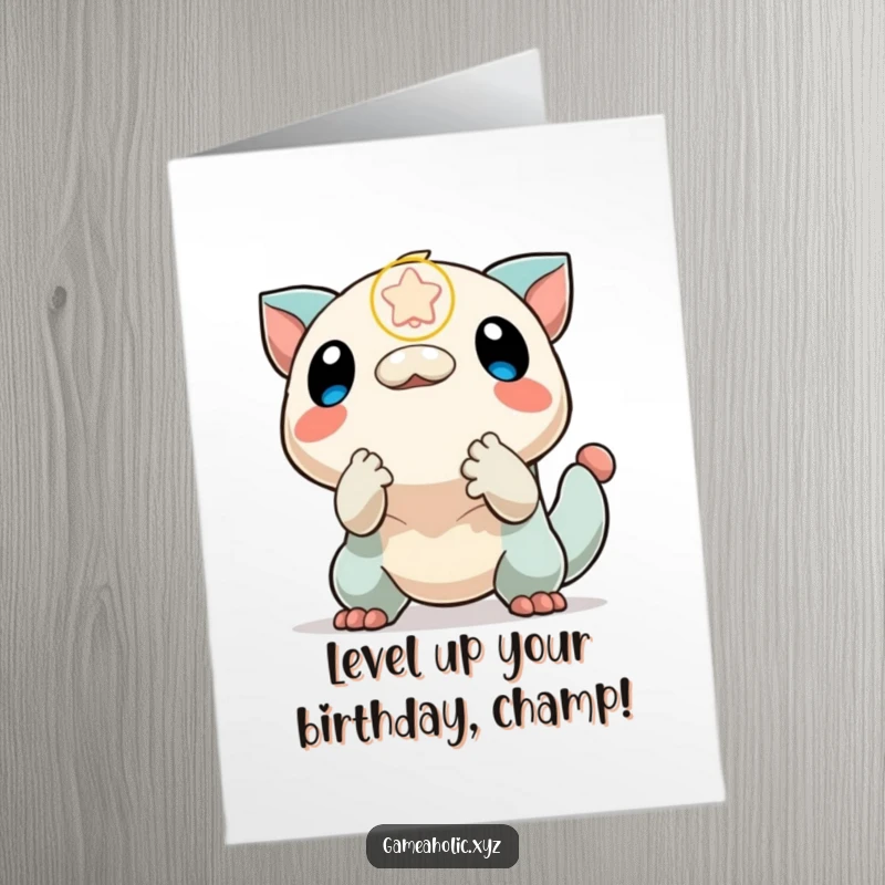 Funny Free Printable Birthday Card: Creature excitedly reaching for a falling power-up icon, ready for adventure.