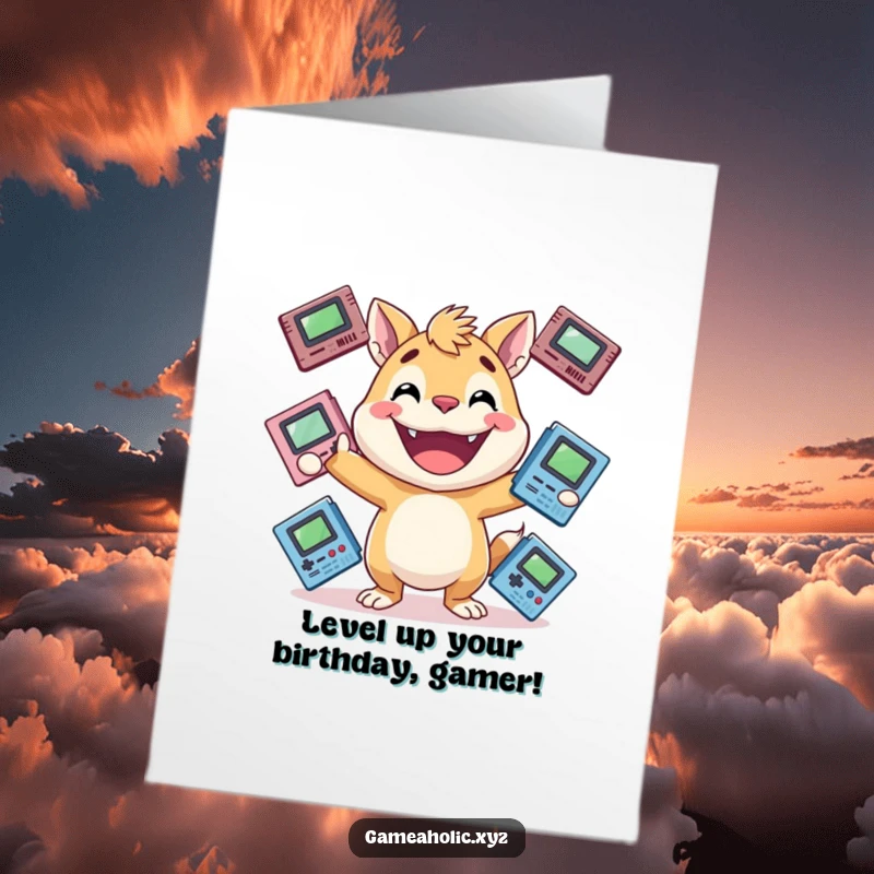 Funny Free Printable Birthday Card: Energetic animal with a huge grin joyfully juggles game cartridges, celebrating a gamer's special day.