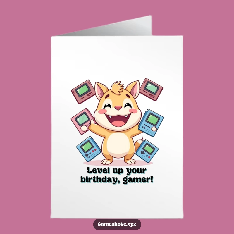Free Printable Birthday Card: Funny Gaming Animal Juggling Cartridges, Instant Download Gift