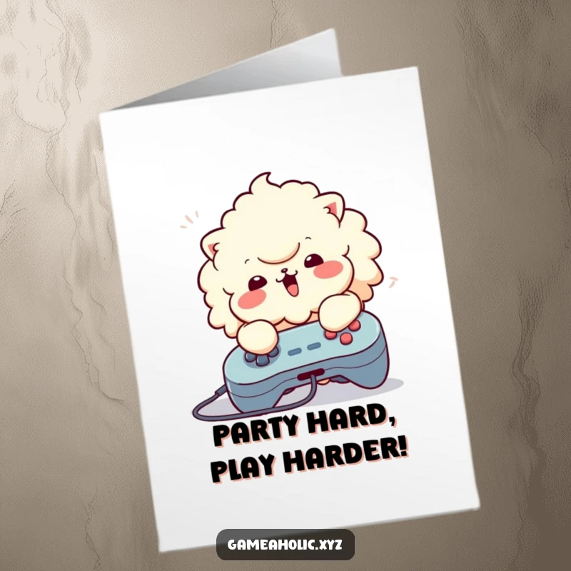 Funny Free Printable Birthday Card: A fluffy character gleefully mashing buttons on a game controller, pure gaming joy.