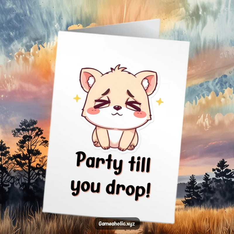 Funny Free Printable Birthday Card of an exhausted small animal with crossed eyes, smiling, wishing happy birthday. A humorous and relatable greeting.