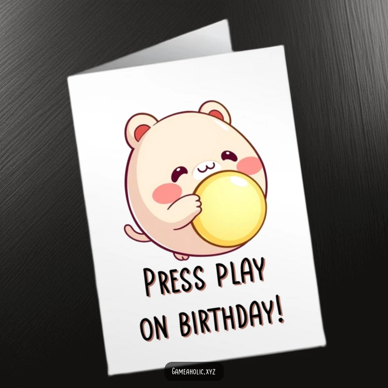 Funny Free Printable Birthday Card: A round animal character with rosy cheeks eagerly presses a large, glowing button.