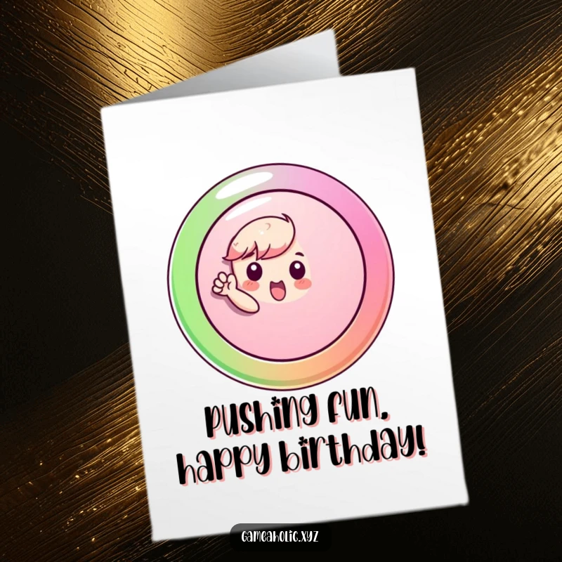 Funny Free Printable Birthday Card: Small character excitedly pushing a huge, vibrant button with all its might.