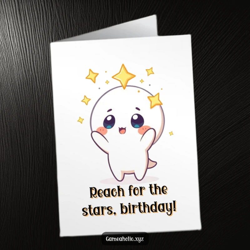 Funny Free Printable Birthday Card: Starry-eyed character excitedly reaching for a glowing, floating icon, full of wonder and anticipation.