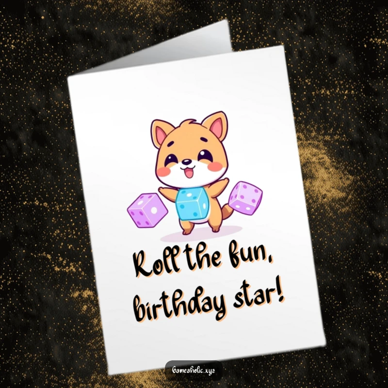 Funny Free Printable Birthday Card: Playful animal skillfully juggling three glowing digital dice, a birthday celebration.
