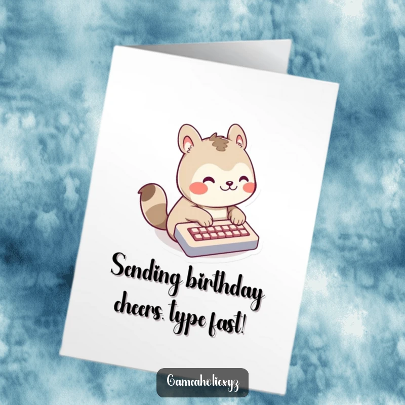 Funny Free Printable Birthday Card: Adorable animal character grinning widely while rapidly typing on a miniature keyboard, celebrating.