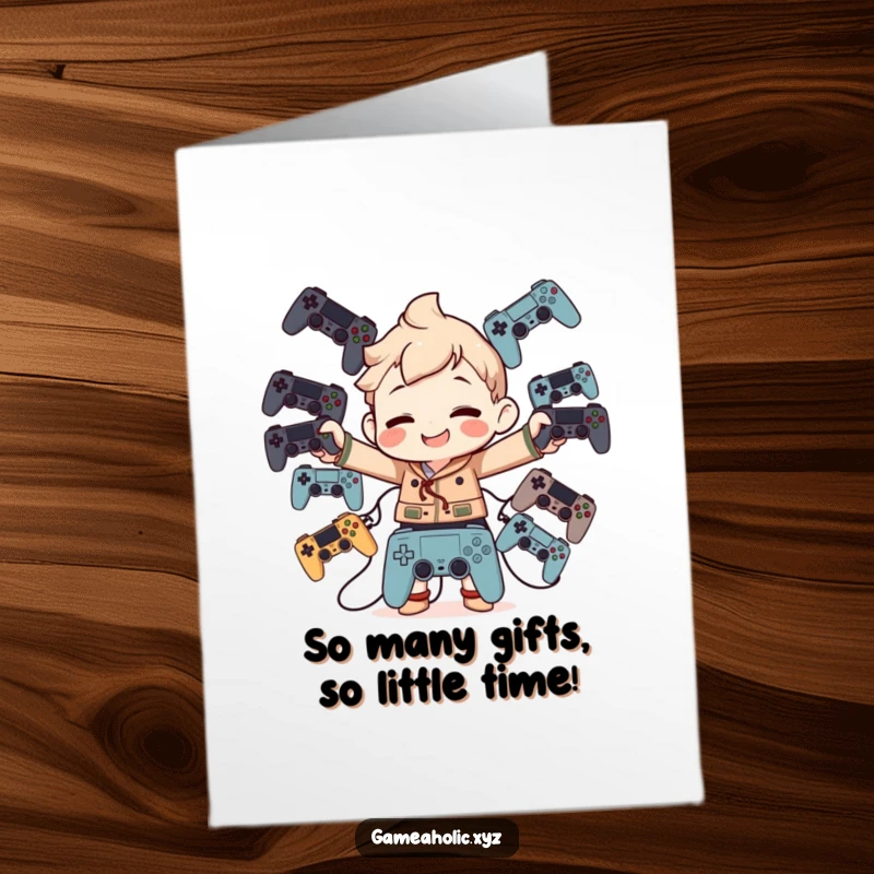 Funny Free Printable Birthday Card: A character with a goofy grin balances multiple game controllers, celebrating happily.